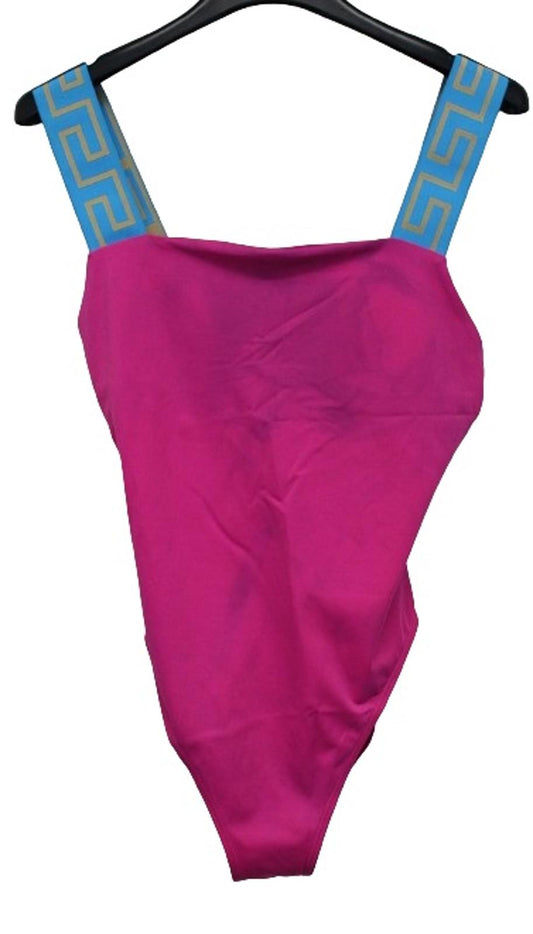 VERSACE Ladies Pink Blue Greca Strap Scoop Back One Piece Swimsuit 3/UK36 NEW