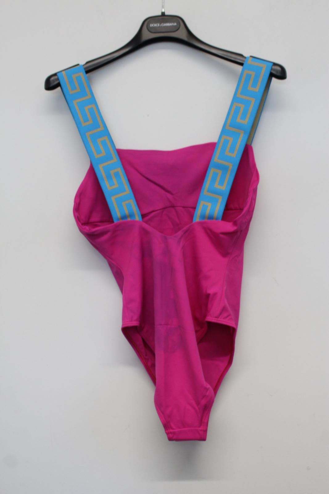 VERSACE Ladies Pink Blue Greca Strap Scoop Back One Piece Swimsuit 3/UK36 NEW
