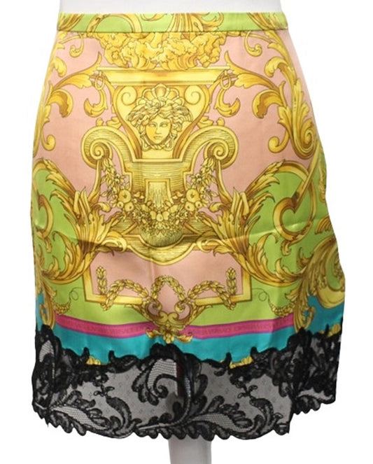 VERSACE Ladies Heritage Pink Multi Lace Trim Silk Mini Skirt IT44 UK12 BNWT