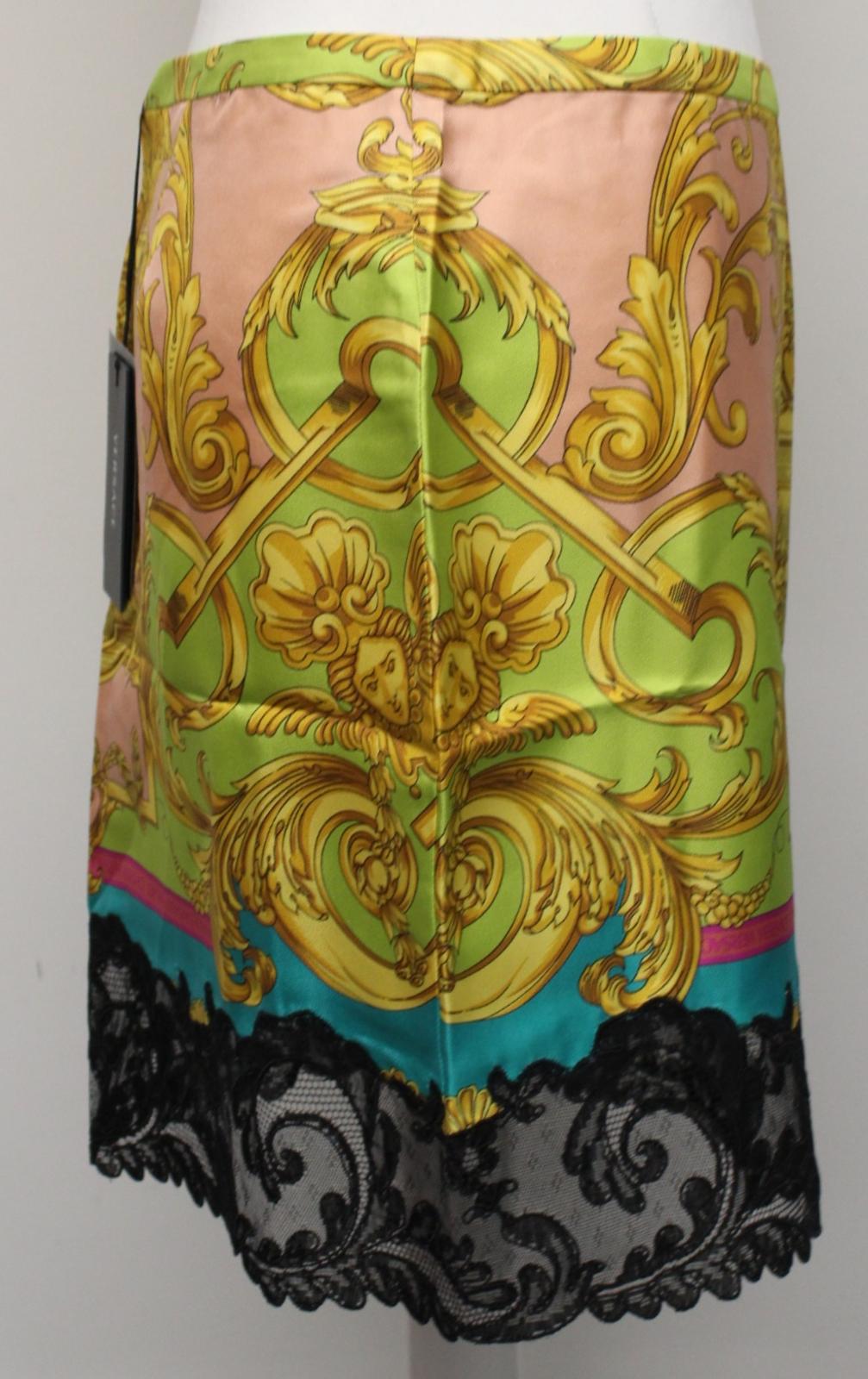 VERSACE Ladies Heritage Pink Multi Lace Trim Silk Mini Skirt IT44 UK12 BNWT
