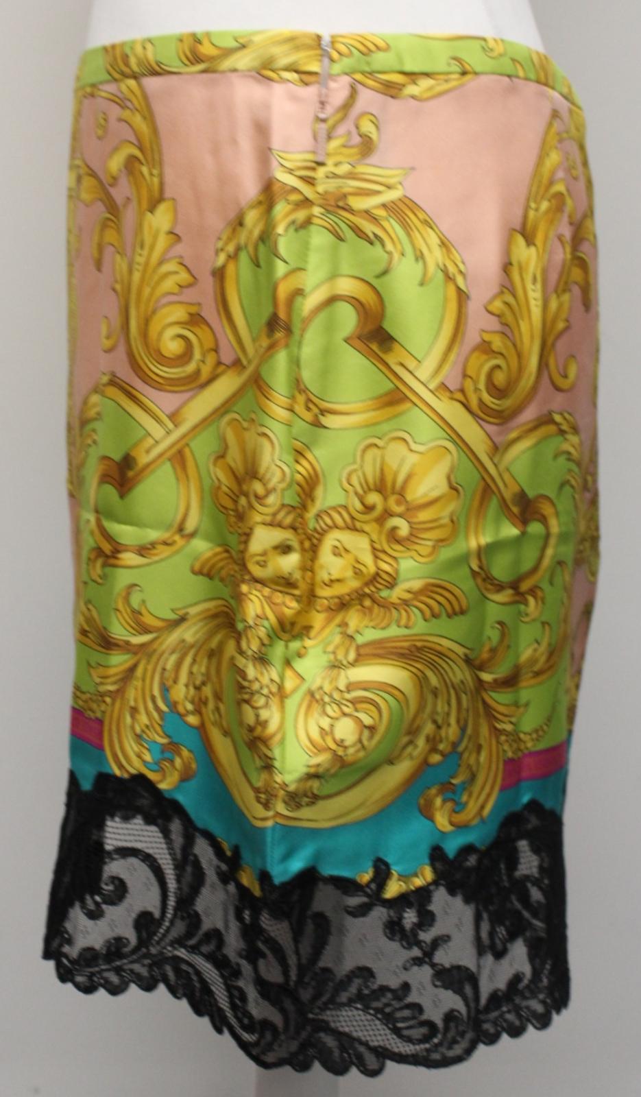 VERSACE Ladies Heritage Pink Multi Lace Trim Silk Mini Skirt IT44 UK12 BNWT