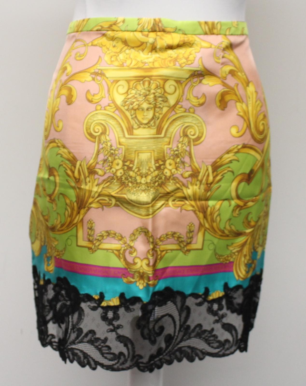 VERSACE Ladies Heritage Pink Multi Lace Trim Silk Mini Skirt IT44 UK12 BNWT