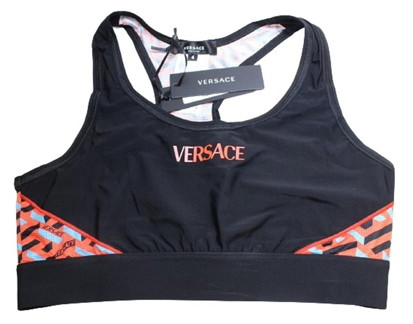 VERSACE Ladies LA Greca Black Orange Monogram Racer Back Sports Bra 4/UK38 NEW
