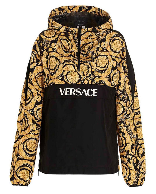 VERSACE Ladies Yellow & Black Barocco Print Half Zip Hooded Jacket Size M NEW