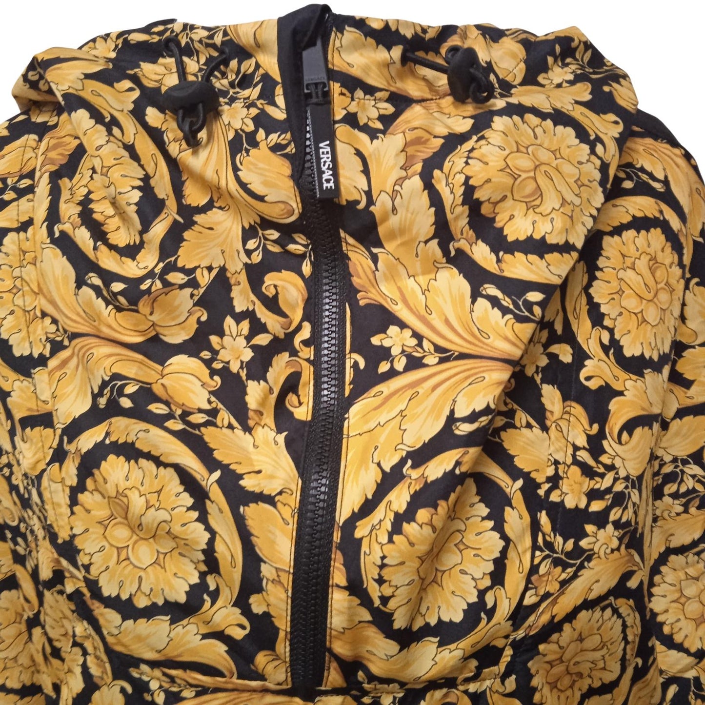 VERSACE Ladies Yellow & Black Barocco Print Half Zip Hooded Jacket Size M NEW