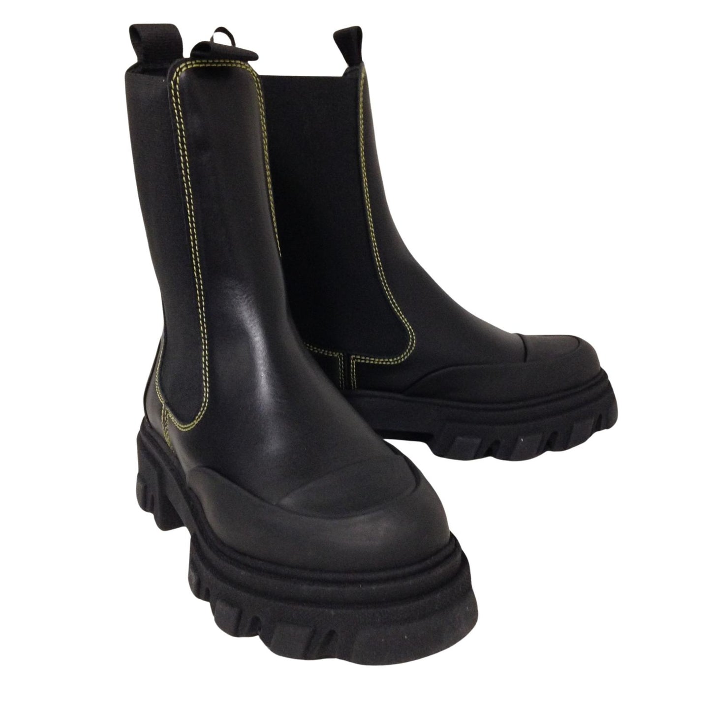 GANNI Mid Chelsea Boot Leather Yellow Stitching Ladies Shoe UK4 NEW RRP 355