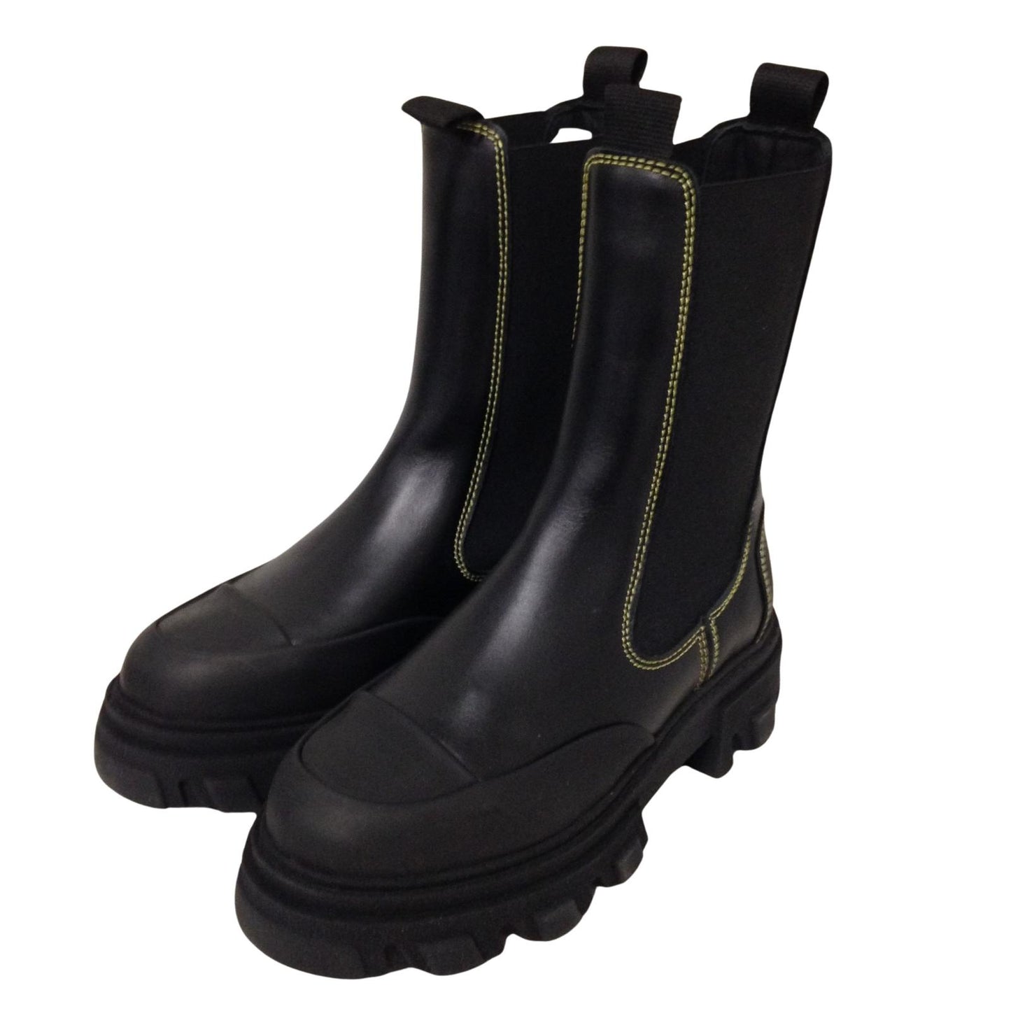 GANNI Mid Chelsea Boot Leather Yellow Stitching Ladies Shoe UK4 NEW RRP 355