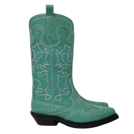GANNI Mid Shaft Embroidered Western Cowboy Boot Ladies Green UK5 NEW RRP 525