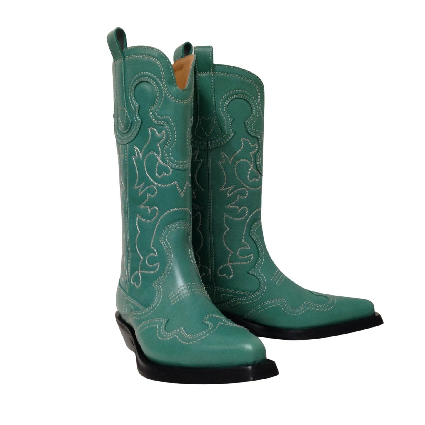 GANNI Mid Shaft Embroidered Western Cowboy Boot Ladies Green UK5 NEW RRP 525