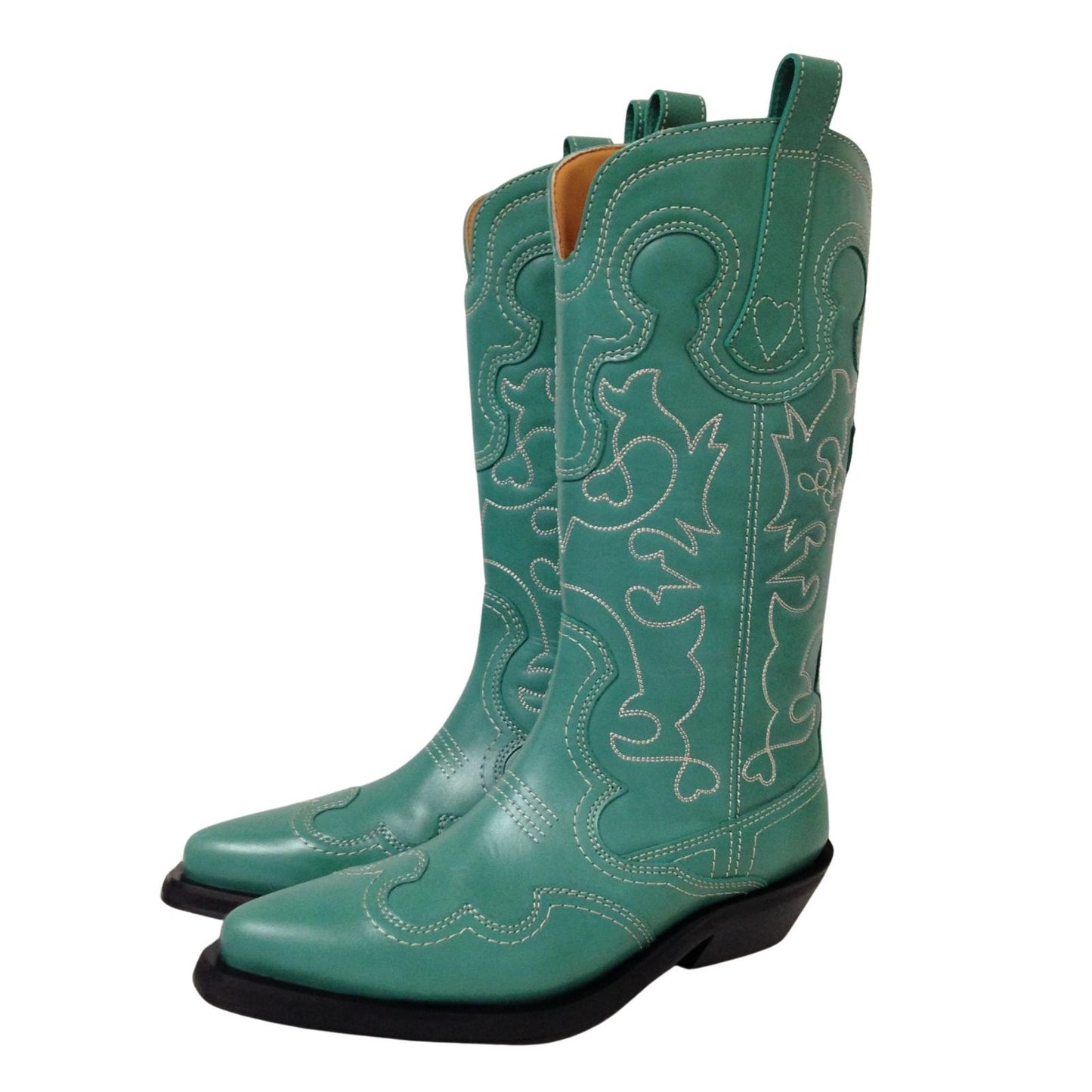 GANNI Mid Shaft Embroidered Western Cowboy Boot Ladies Green UK5 NEW RRP 525