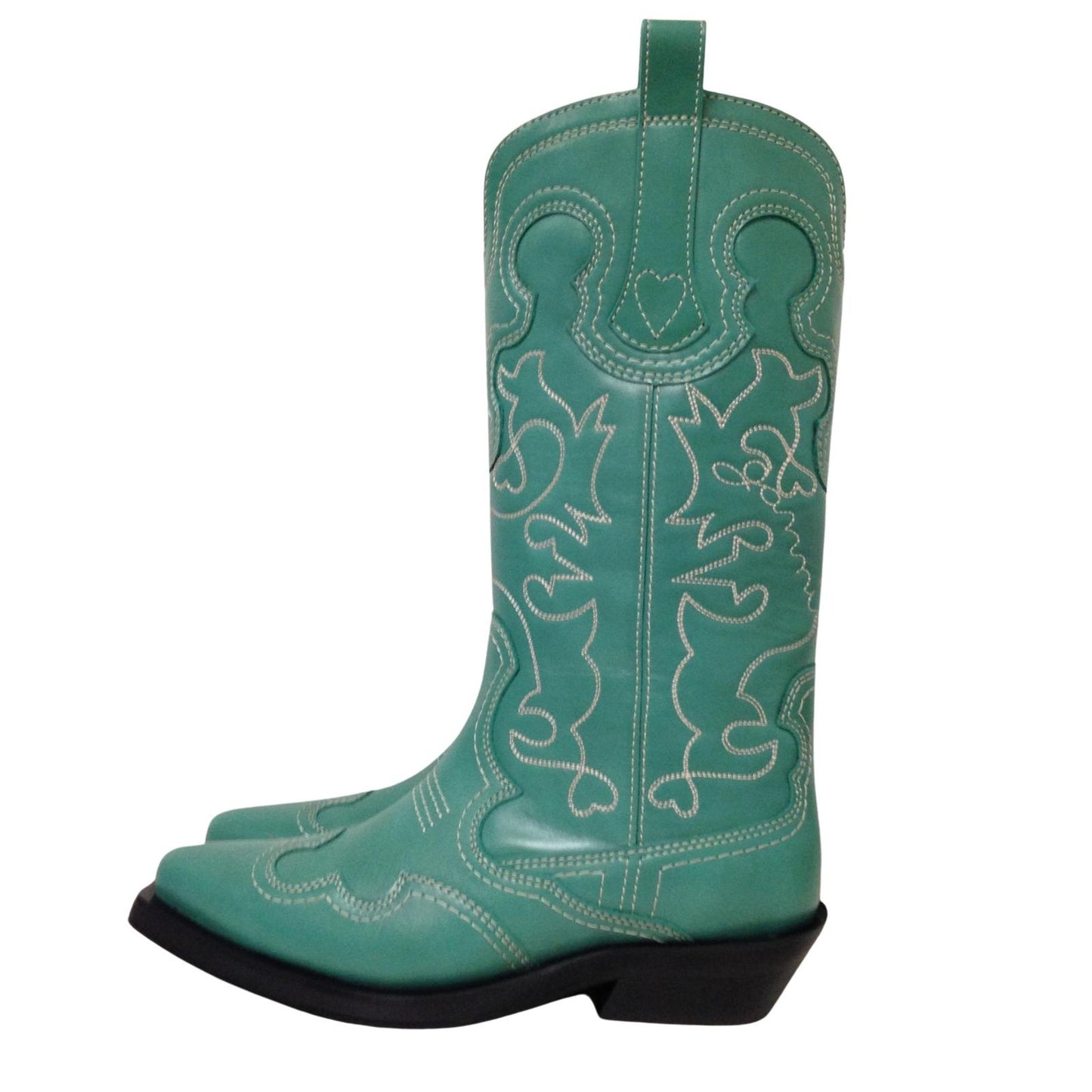 GANNI Mid Shaft Embroidered Western Cowboy Boot Ladies Green UK5 NEW RRP 525