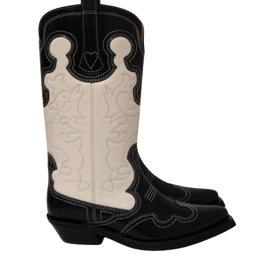 GANNI Mid Embroidered Black White Western Cowboy Boot Ladies UK7 NEW RRP 525