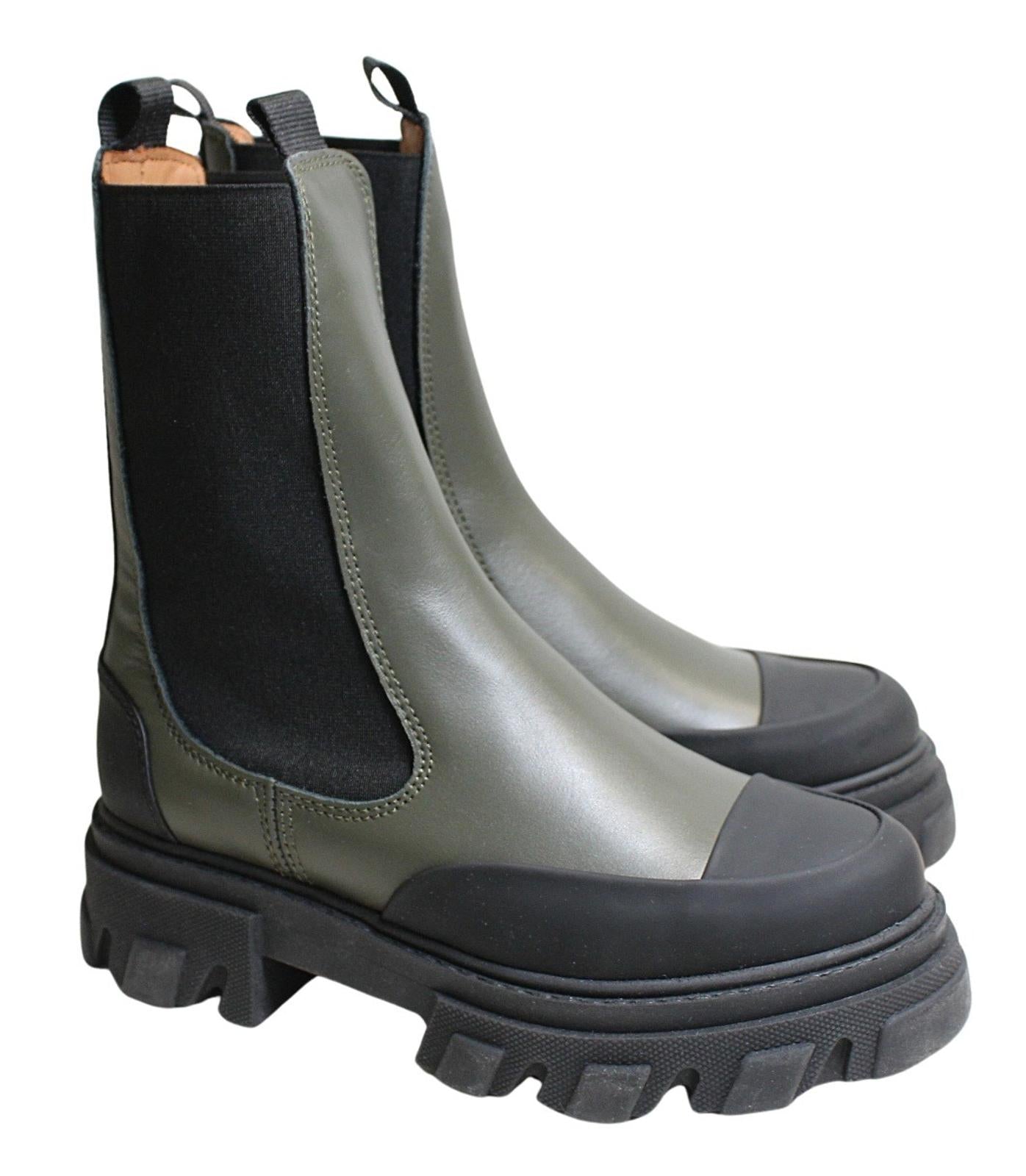 GANNI Ladies Kalamata Green Black Leather Mid Chelsea Boots EU37 UK4 NEW RRP345