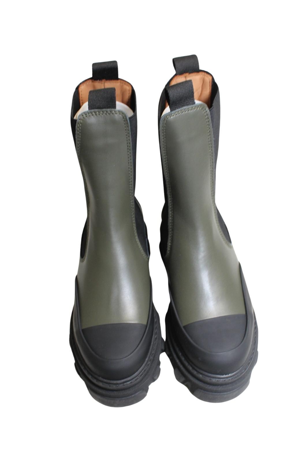 GANNI Ladies Kalamata Green Black Leather Mid Chelsea Boots EU37 UK4 NEW RRP345