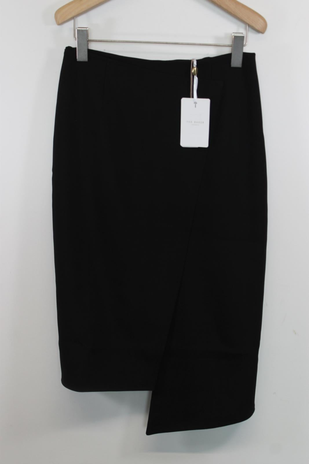 TED BAKER Ladies Black Midi Hi-Low Top Stitch Wrap Pencil Skirt Size M BNWT