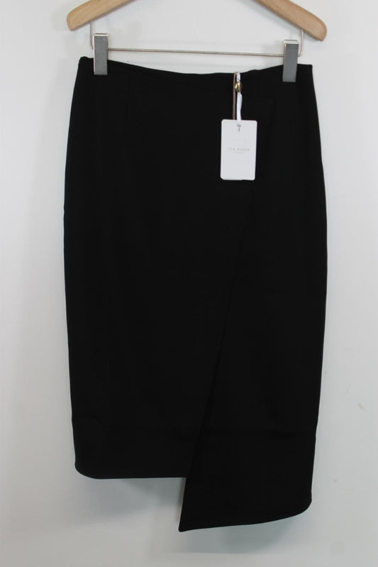 TED BAKER Ladies Black Midi Hi-Low Top Stitch Wrap Pencil Skirt Size M BNWT