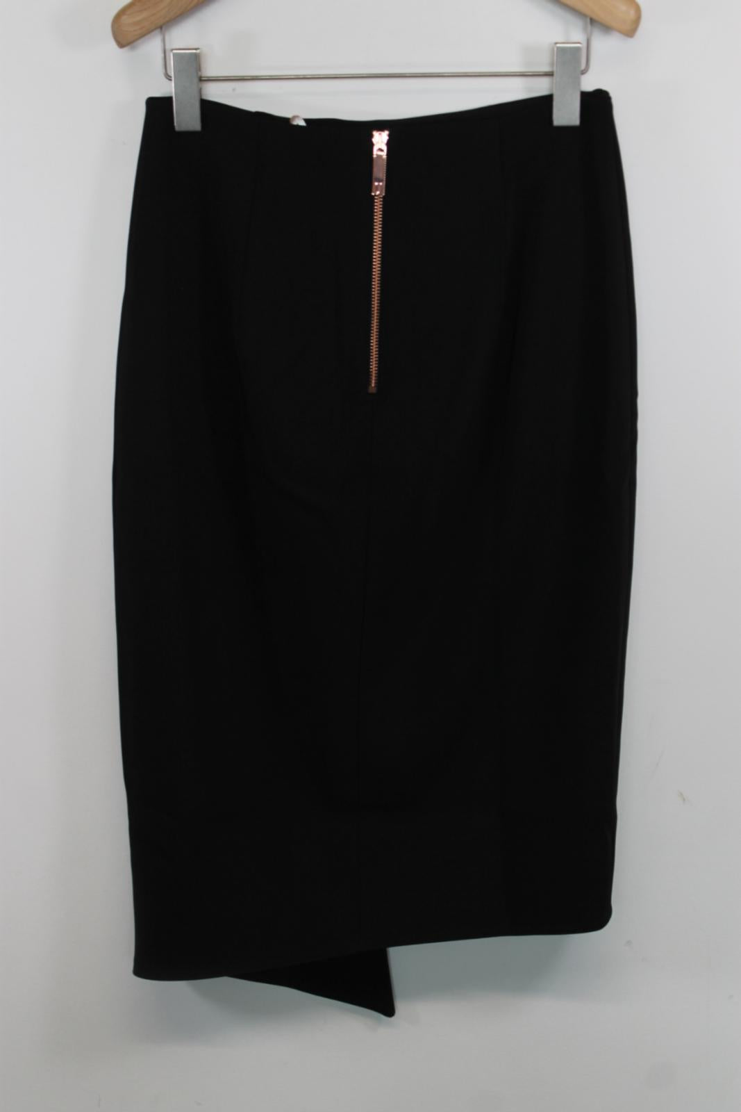 TED BAKER Ladies Black Midi Hi-Low Top Stitch Wrap Pencil Skirt Size M BNWT