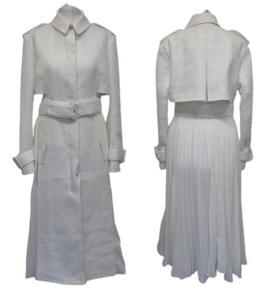 TED BAKER Ladies White Belted Pleated Back Mixed Media Trench Coat 2/M NEW