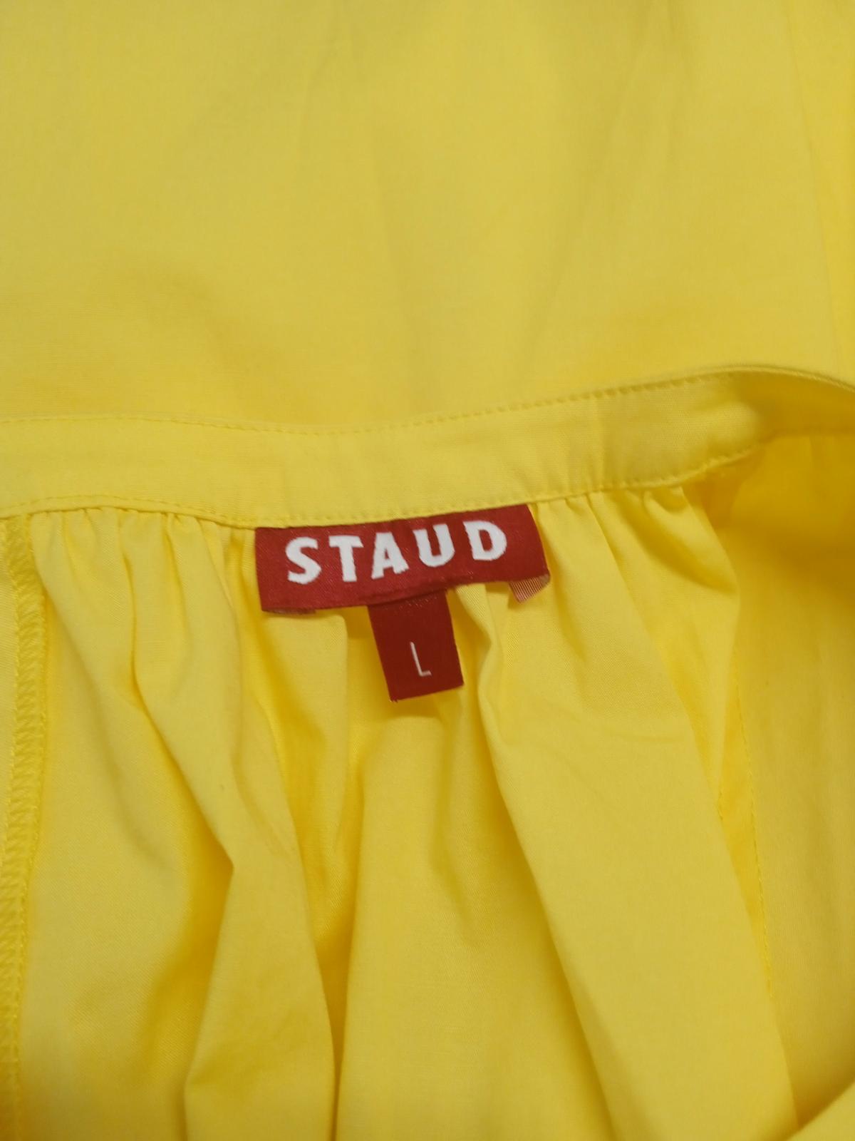 STAUD Ladies Yellow Cotton Short Sleeve button Up Round Neck Shift Size UK L NEW
