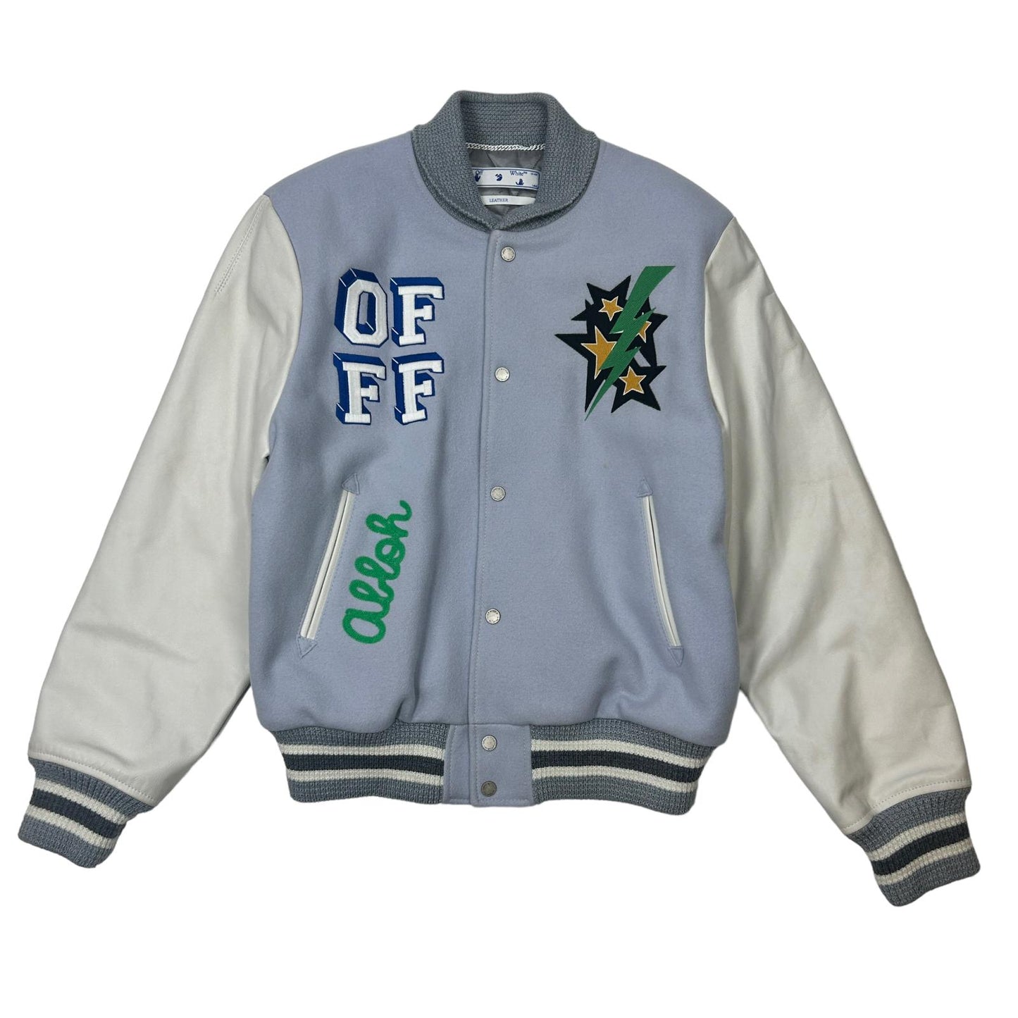 OFF-WHITE RARE LEATHER SLEEVE WOOL VARSITY BOMBER JACKET - LARGE - NEW