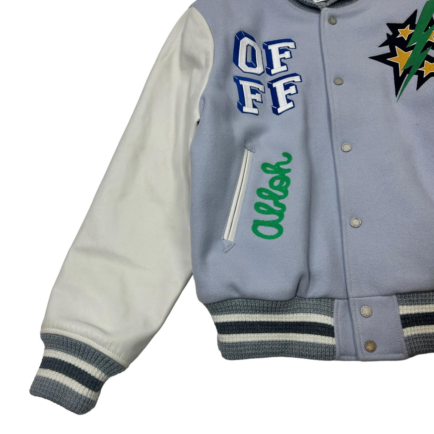 OFF-WHITE RARE LEATHER SLEEVE WOOL VARSITY BOMBER JACKET - LARGE - NEW