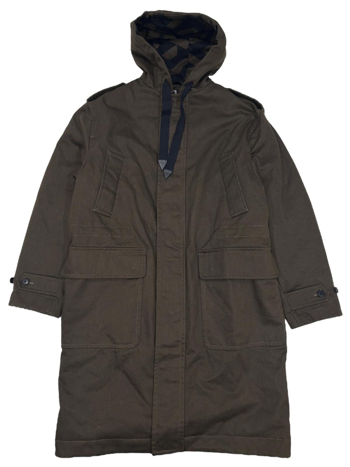 VERSACE HOODED MONOGRAM MOTIF PRINT LONG COTTON COAT - GREEN - 48 - NEW