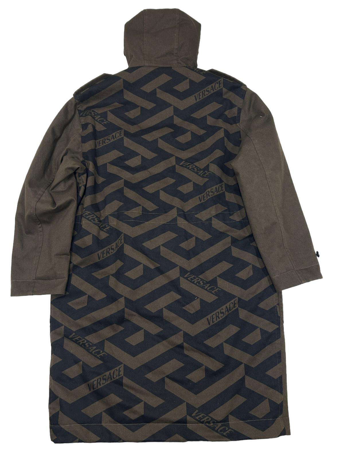 VERSACE HOODED MONOGRAM MOTIF PRINT LONG COTTON COAT - GREEN - 48 - NEW