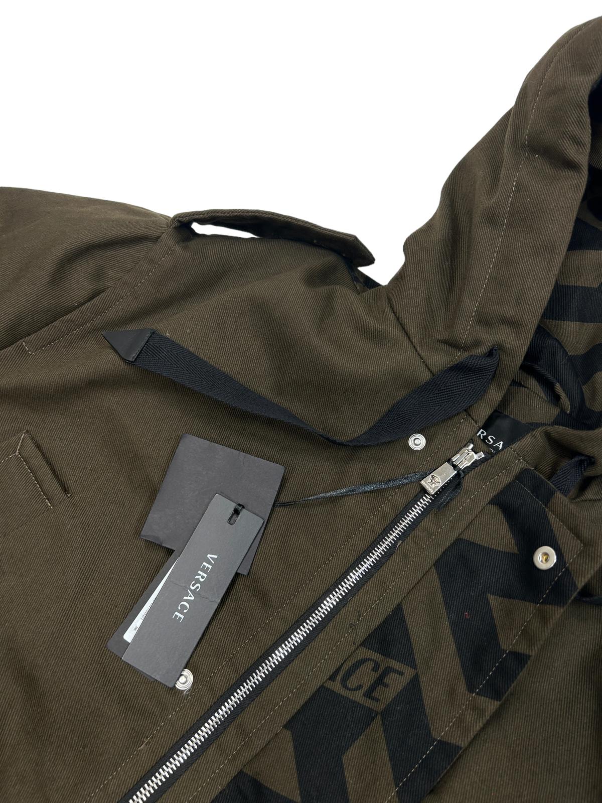 VERSACE HOODED MONOGRAM MOTIF PRINT LONG COTTON COAT - GREEN - 48 - NEW