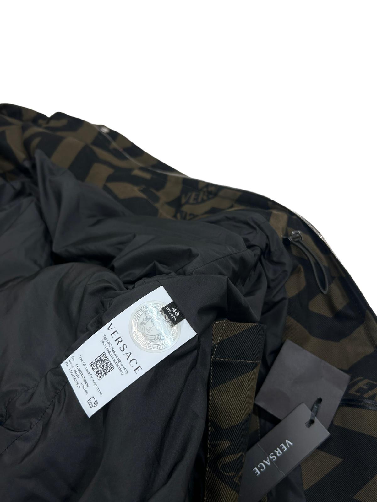 VERSACE HOODED MONOGRAM MOTIF PRINT LONG COTTON COAT - GREEN - 48 - NEW
