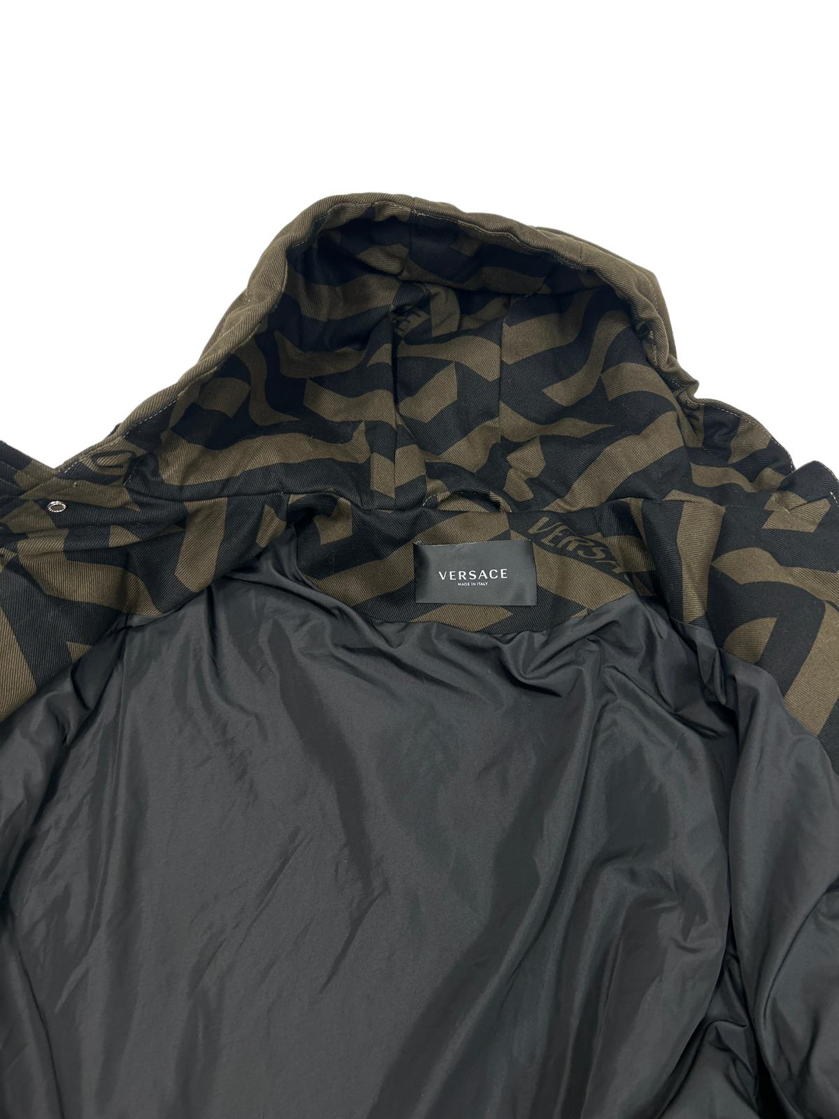 VERSACE HOODED MONOGRAM MOTIF PRINT LONG COTTON COAT - GREEN - 48 - NEW