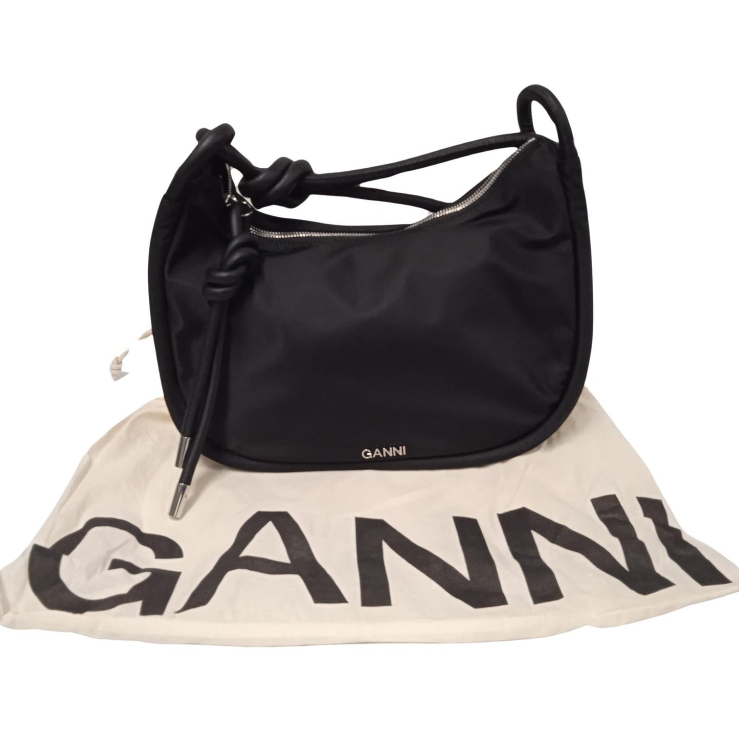 GANNI Ladies Black Recycled Shell Knot Strap Medium Shoulder Bag RRP245 NEW