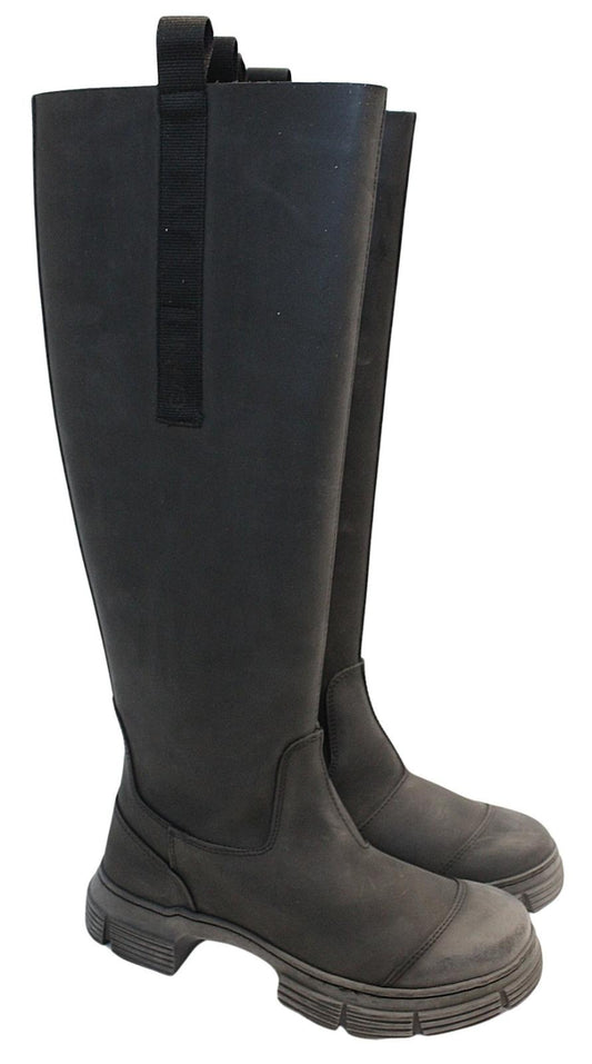 GANNI Ladies S1913 Black Recycled Rubber Country Knee Boots EU37 UK4 NEW RRP225