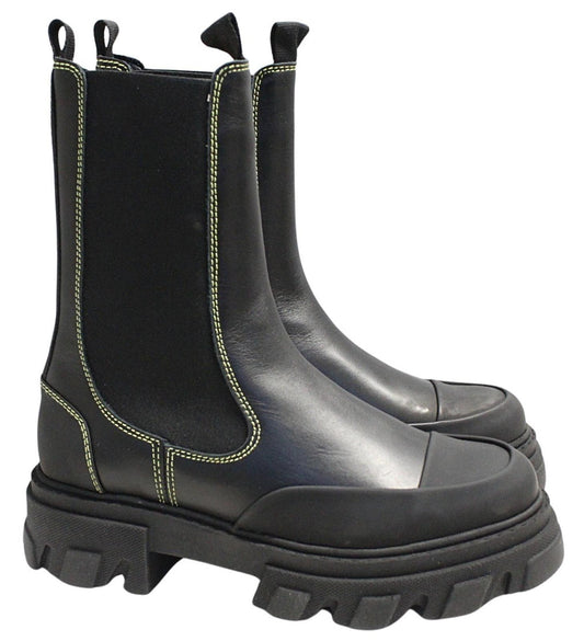 GANNI Ladies S1910 Black Leather Yellow Stitch Mid Chelsea Boots UK6 NEW RRP355