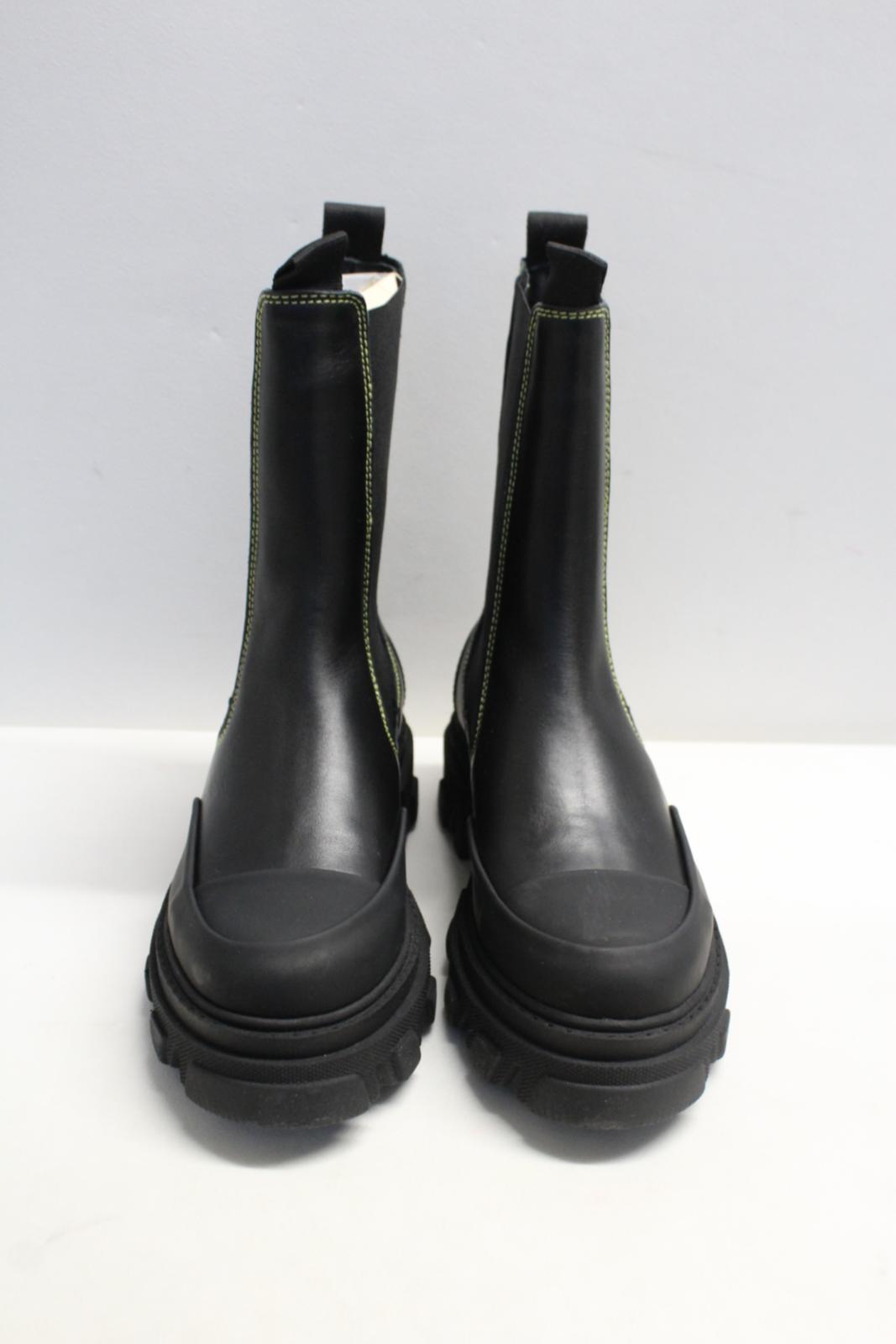 GANNI Ladies S1910 Black Leather Yellow Stitch Mid Chelsea Boots UK6 NEW RRP355