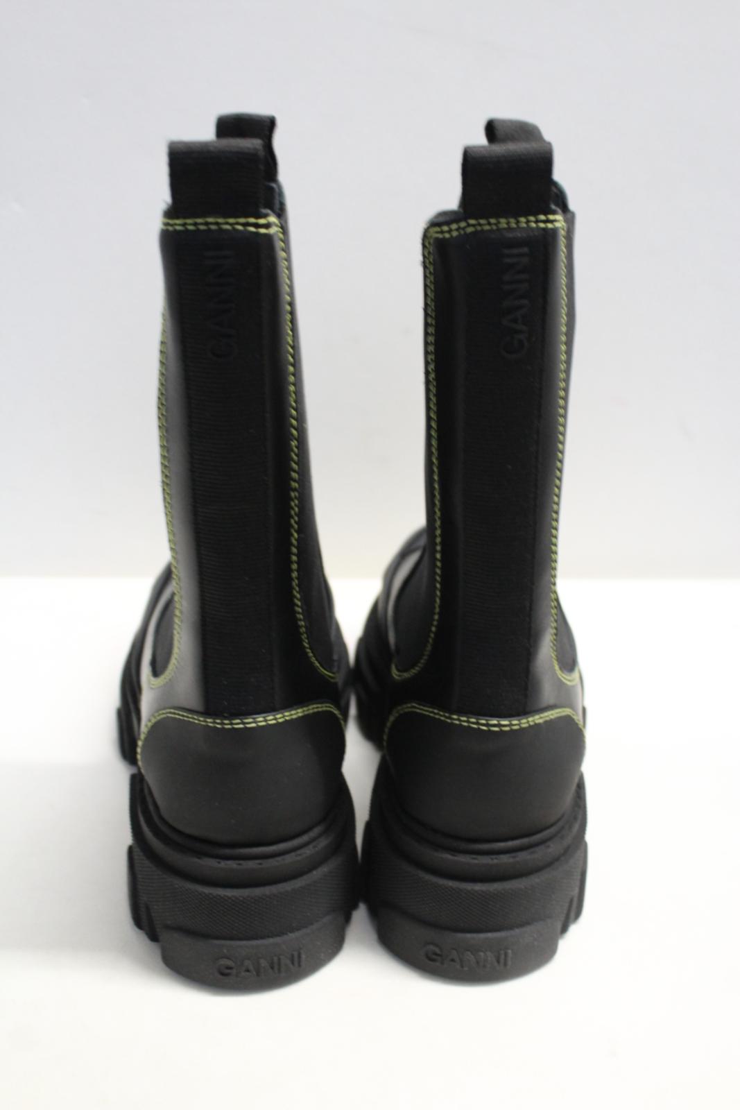 GANNI Ladies S1910 Black Leather Yellow Stitch Mid Chelsea Boots UK6 NEW RRP355