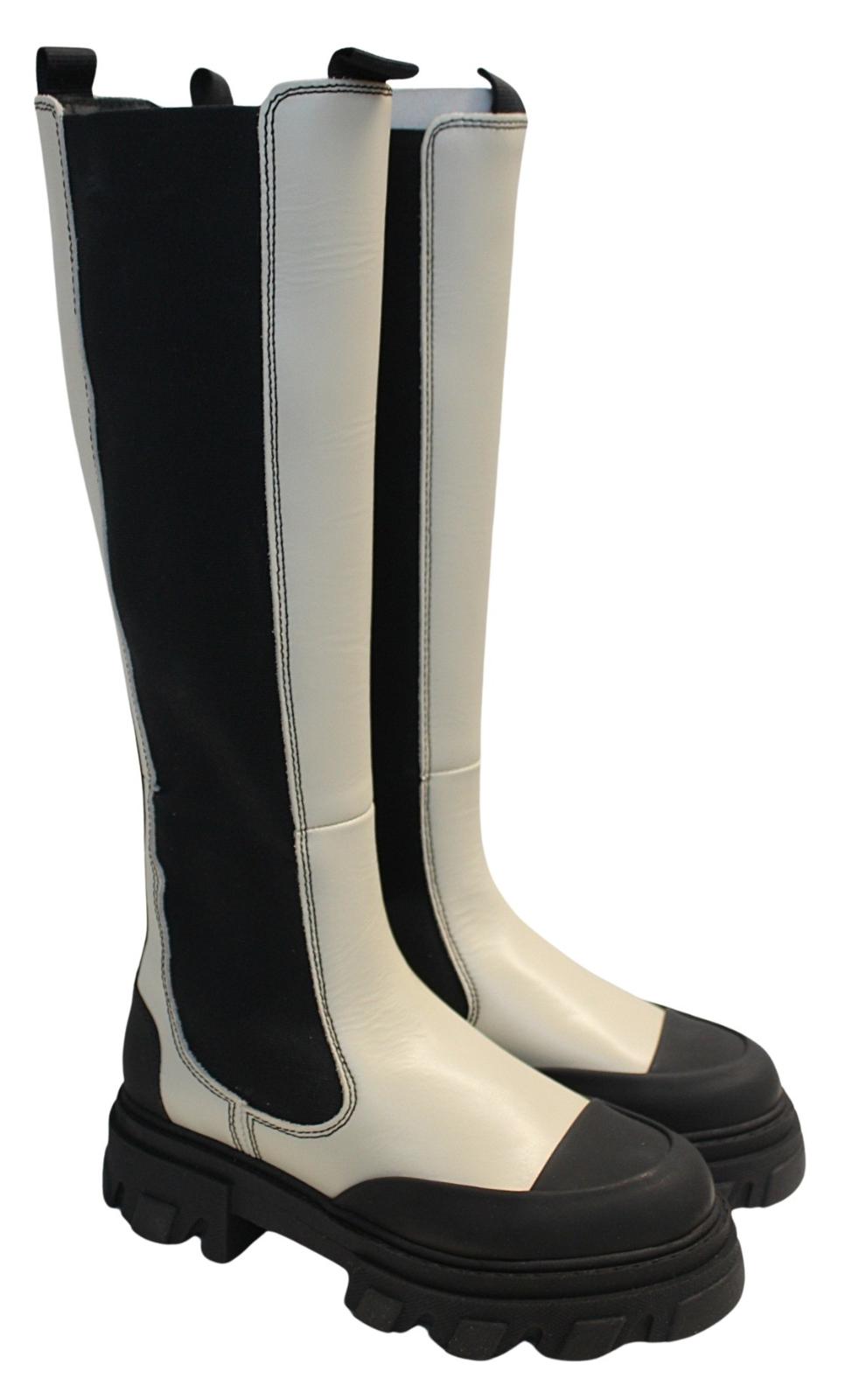 GANNI Ladies S1622 Oyster Grey Black Knee High Leather Boots EU37 UK4 NEW RRP355