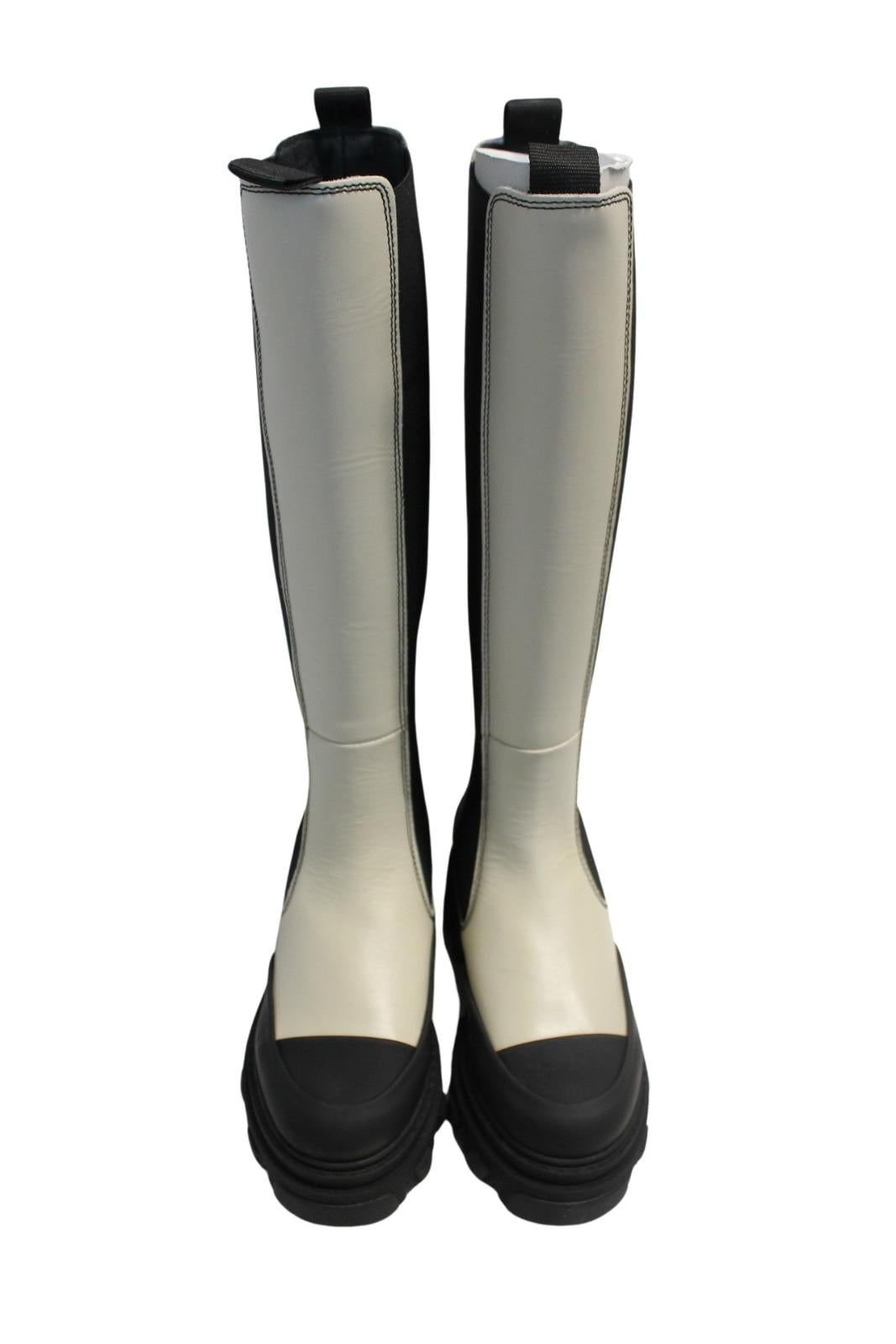 GANNI Ladies S1622 Oyster Grey Black Knee High Leather Boots EU37 UK4 NEW RRP355