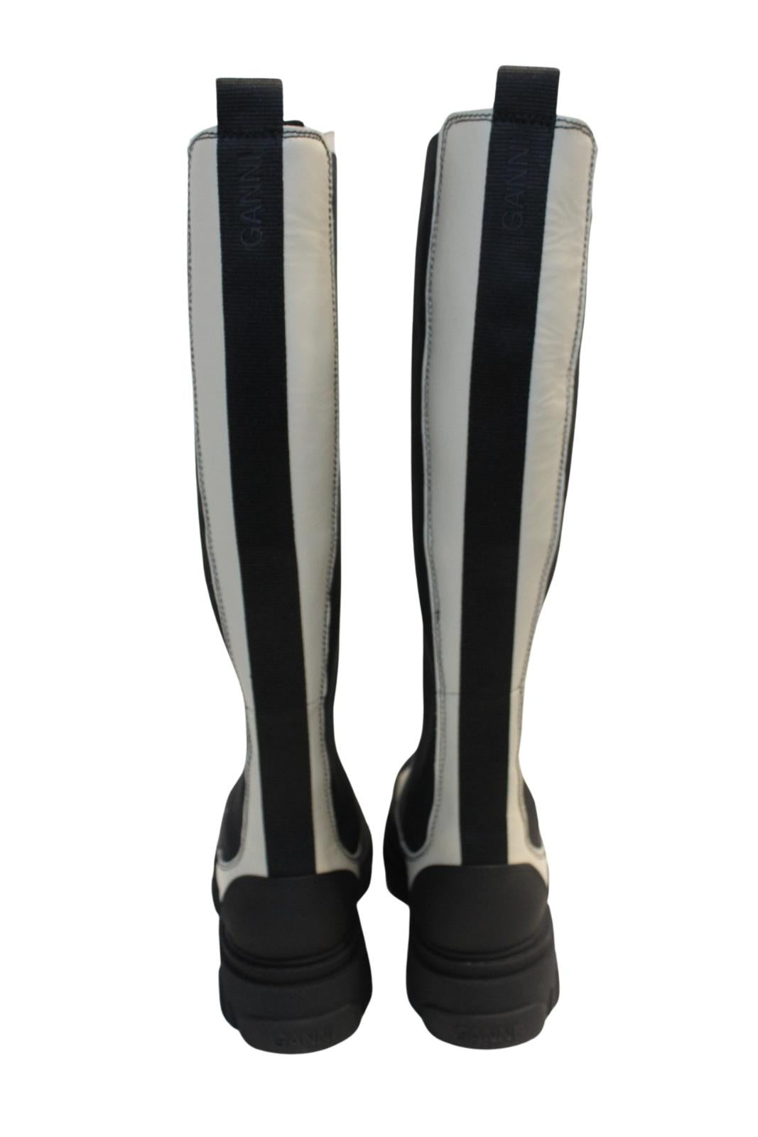 GANNI Ladies S1622 Oyster Grey Black Knee High Leather Boots EU37 UK4 NEW RRP355