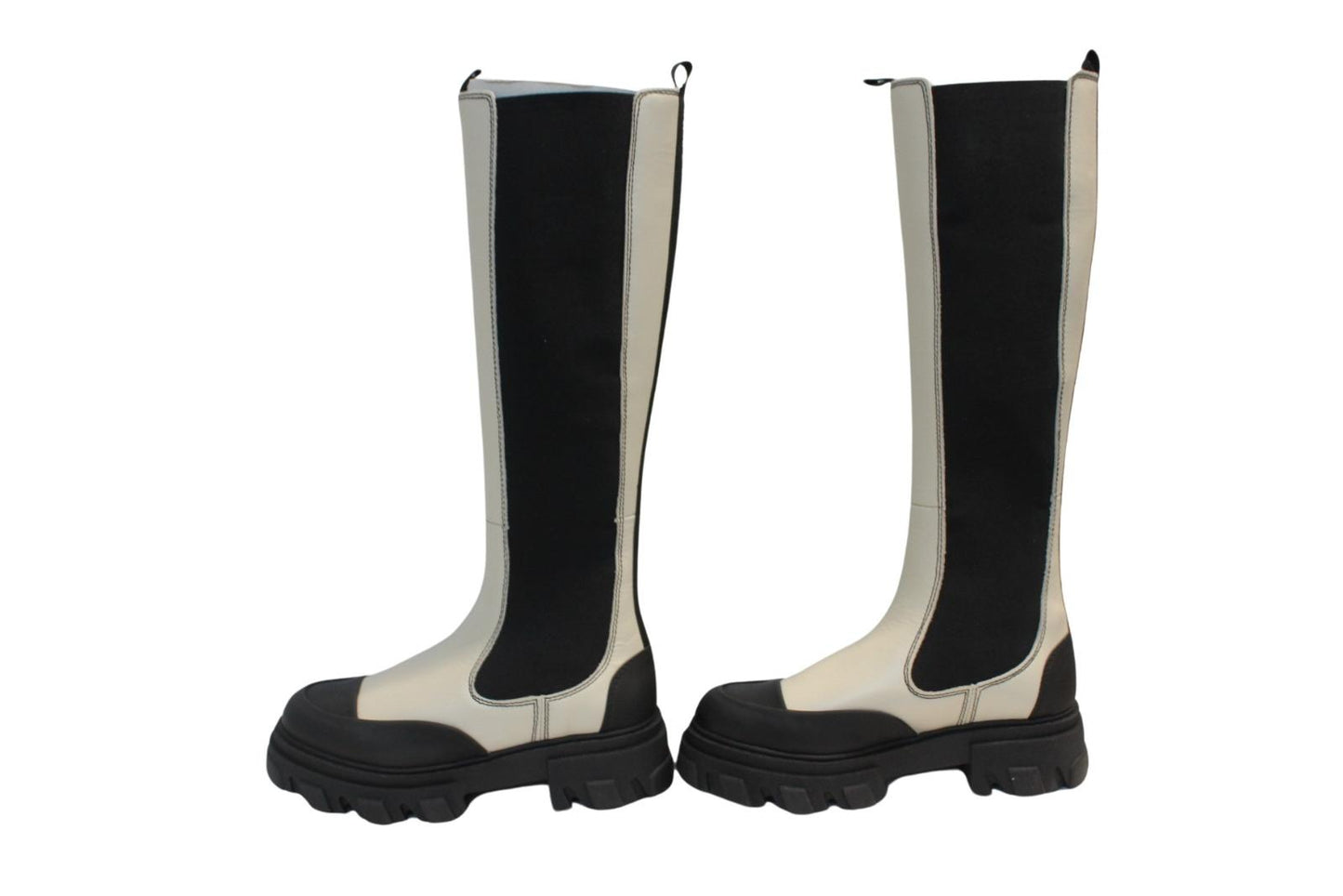 GANNI Ladies S1622 Oyster Grey Black Knee High Leather Boots EU37 UK4 NEW RRP355
