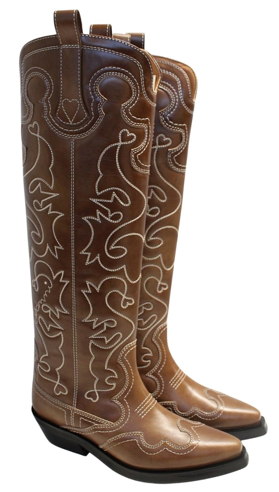 GANNI Ladies Tiger Eye Brown Leather Knee High Western Boots EU37 UK4 NEW RRP625