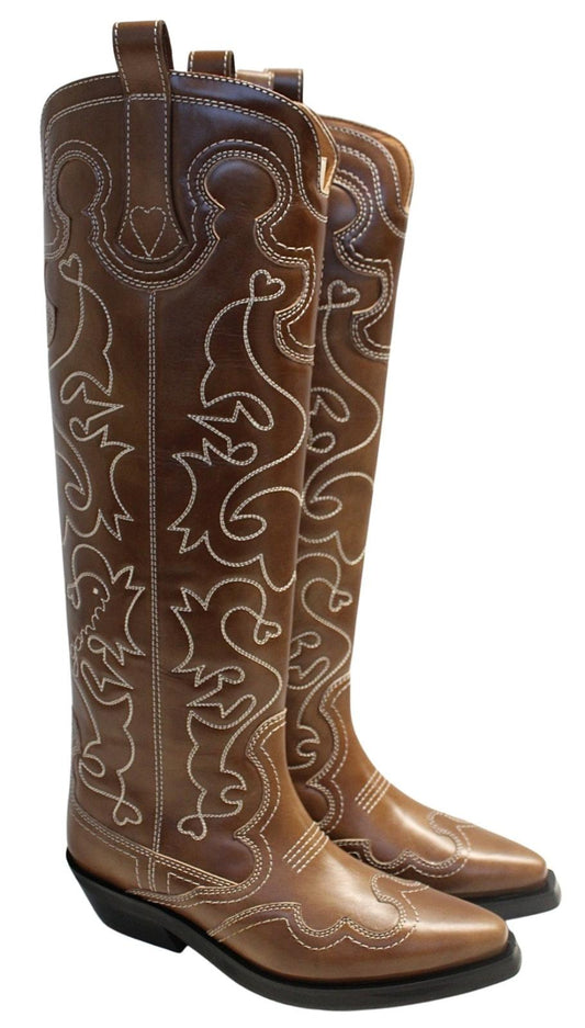 GANNI Ladies Tiger Eye Brown Leather Knee High Western Boots EU37 UK4 NEW RRP625