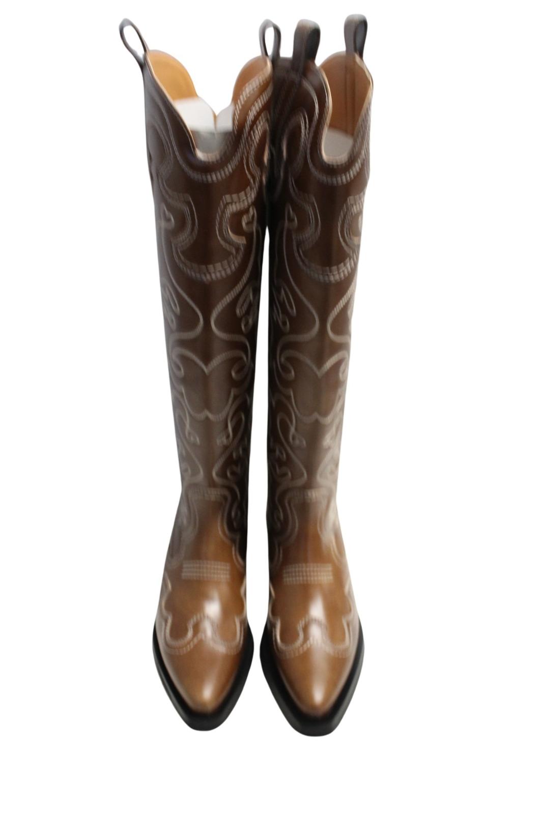 GANNI Ladies Tiger Eye Brown Leather Knee High Western Boots EU37 UK4 NEW RRP625