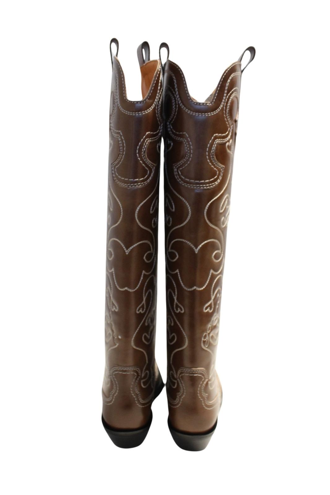 GANNI Ladies Tiger Eye Brown Leather Knee High Western Boots EU37 UK4 NEW RRP625