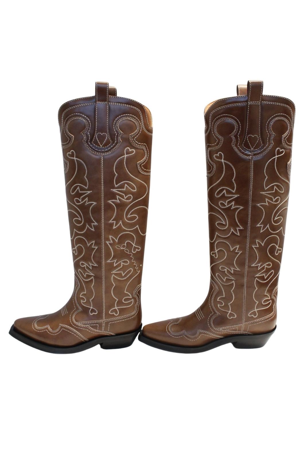 GANNI Ladies Tiger Eye Brown Leather Knee High Western Boots EU37 UK4 NEW RRP625