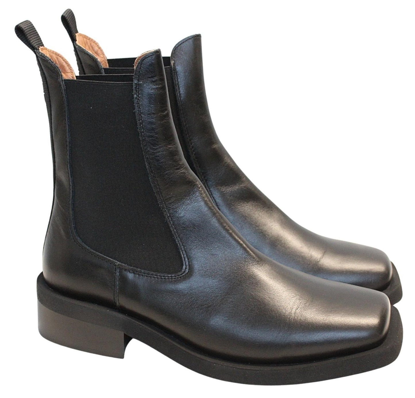 GANNI Ladies s1905 Black Leather Square Toe Chelsea Boots EU40 UK7 NEW RRP355