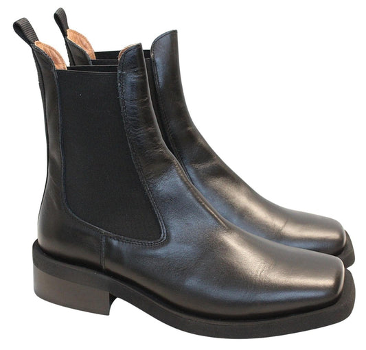 GANNI Ladies s1905 Black Leather Square Toe Chelsea Boots EU40 UK7 NEW RRP355