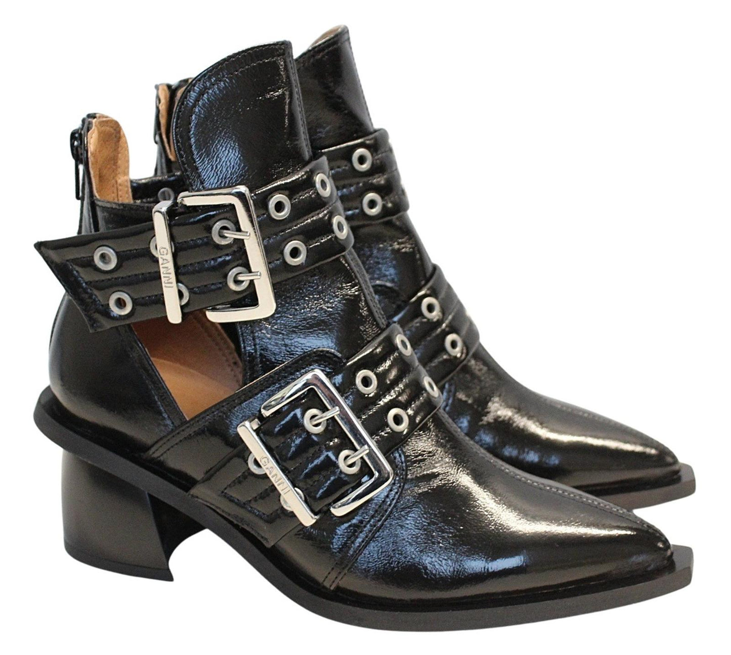 GANNI Ladies S2224 Black Chunky Buckle Open Cut Ankle Boots EU37 UK4 NEW RRP370