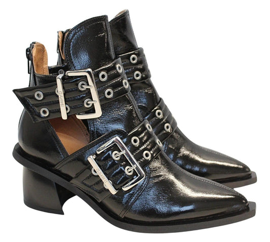 GANNI Ladies S2224 Black Chunky Buckle Open Cut Ankle Boots EU37 UK4 NEW RRP370