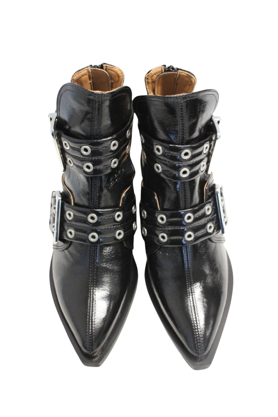 GANNI Ladies S2224 Black Chunky Buckle Open Cut Ankle Boots EU37 UK4 NEW RRP370