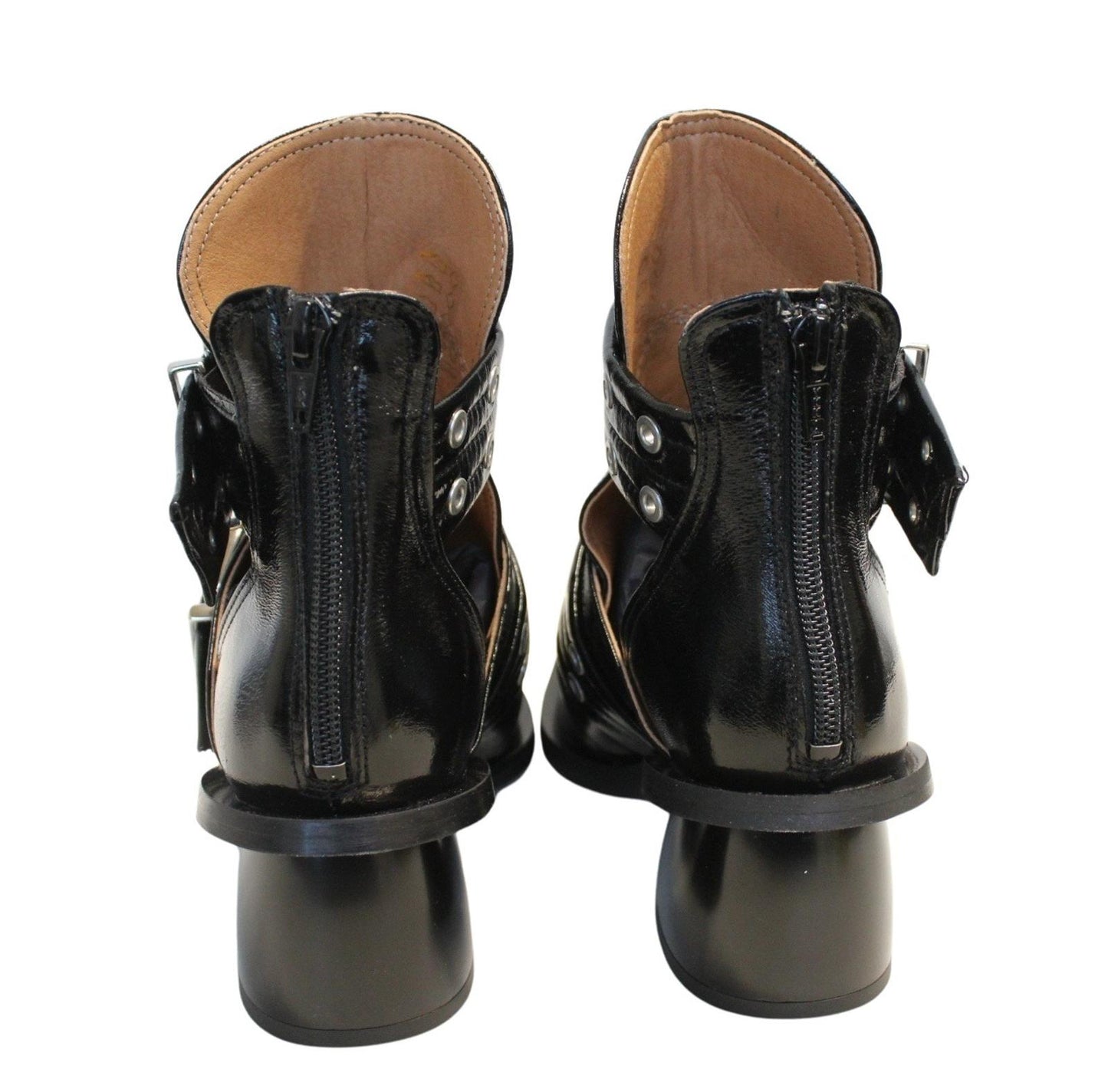 GANNI Ladies S2224 Black Chunky Buckle Open Cut Ankle Boots EU37 UK4 NEW RRP370